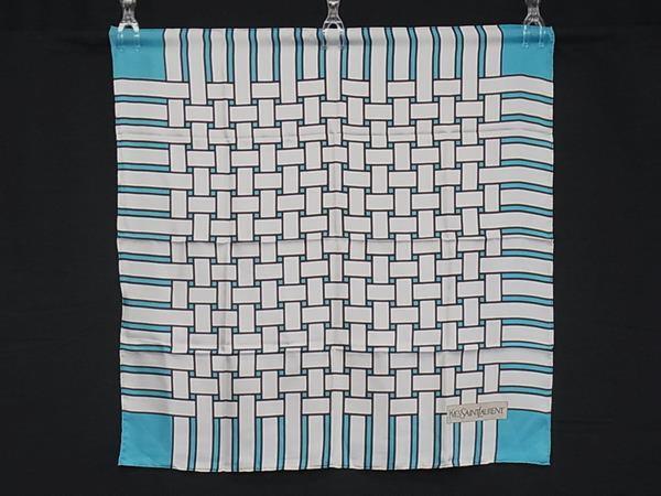 ■美品■ YVESSAINTLAURENT イヴサンローラン シルク100% 総柄 スカーフ ストール ショール ブルー系×アイボリー系 DH6698拍卖