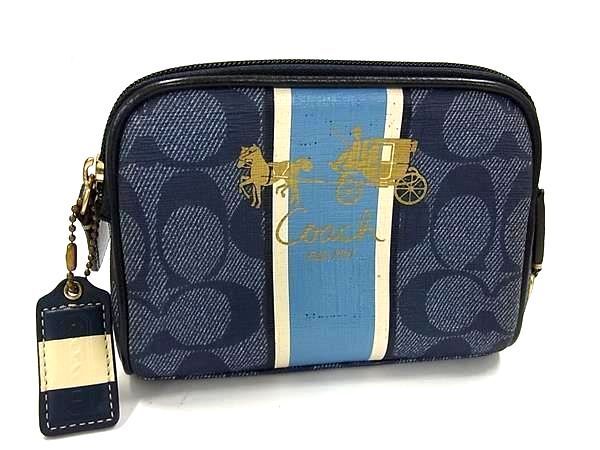 ■美品■ COACH コーチ シグネチャー キャンバス×レザー メイクポーチ 化粧ポーチ マルチケース 小物入れ ブルー系 DH6833拍卖