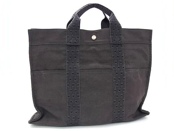 1円 HERMES エルメス エールラインMM キャンバス シルバー金具 ハンドバッグ トートバッグ メンズ レディース グレー系 FH9384拍卖