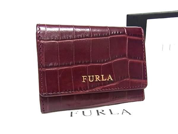 ■極美品■ FURLA フルラ クロコダイル型押しレザー 三つ折り 財布 ウォレット 札入れ 小銭入れ レディース ボルドー系 BN4284拍卖