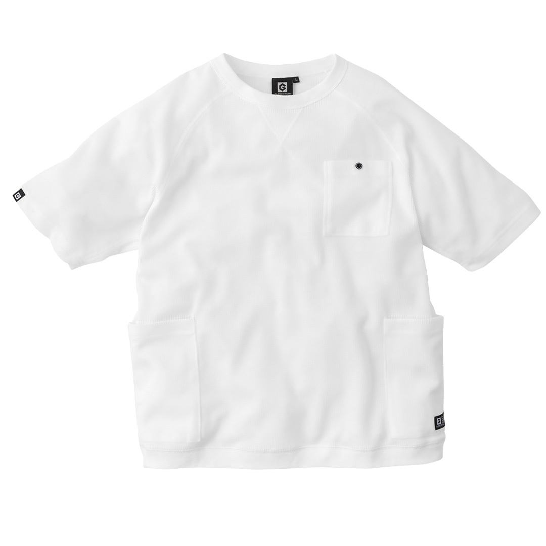 半袖 ワッフル Tシャツ (ホワイト/5L) ポケット 収納 ジャケット対応 ロンT 丸首 ビジネス カジュアル オフィス拍卖