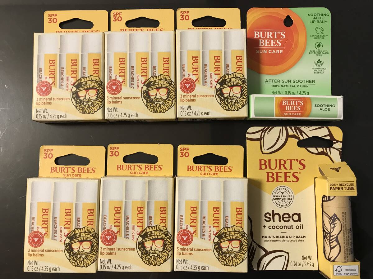 バーツビーズburt`s bees リップバームスティックspf30 6箱+アフターサンケアリップバーム1個+モンスチャーライジンリップバーム1個拍卖