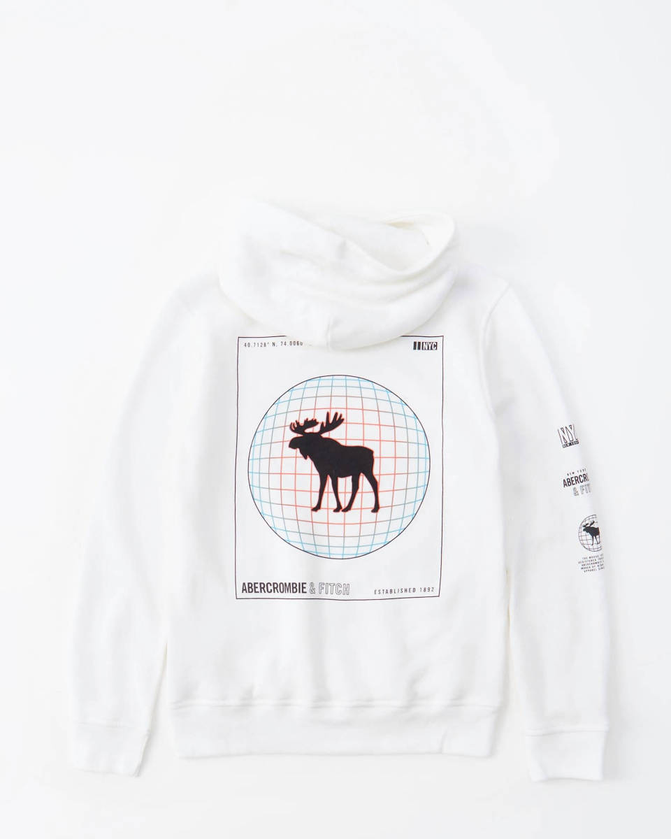 アバクロンビ&フィッチキッズ abercrombie ボーイズXL(15/16)白フード付パーカーフーディープルオーバーメンズXS~Sサイズ新品拍卖