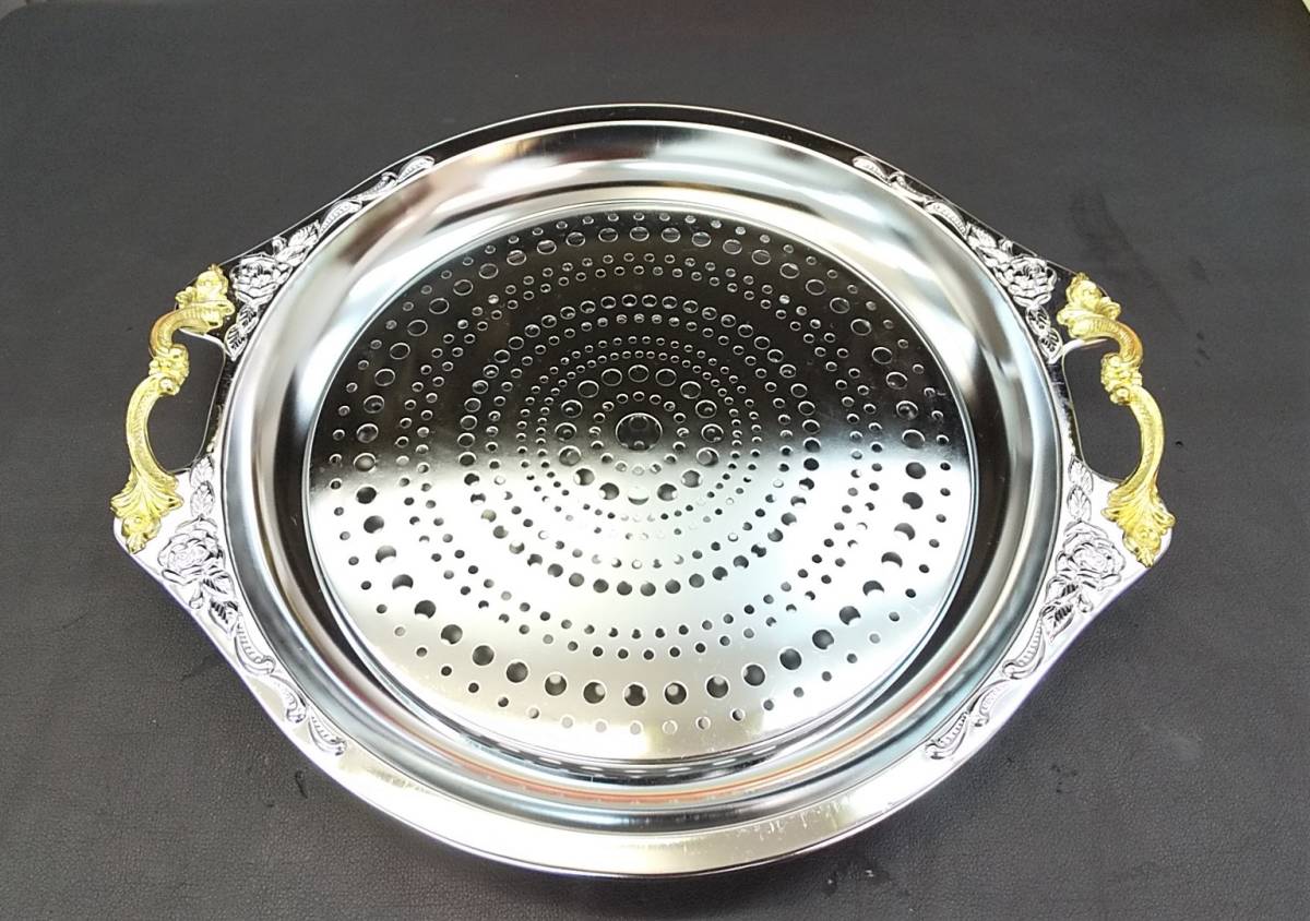 高級三重メッキ仕上 装飾丸皿 約35cm 2個セット  パーティーや宴会で  丸形プレート フルーツ盛合せ しゃぶしゃぶやお鍋の盛合せに拍卖