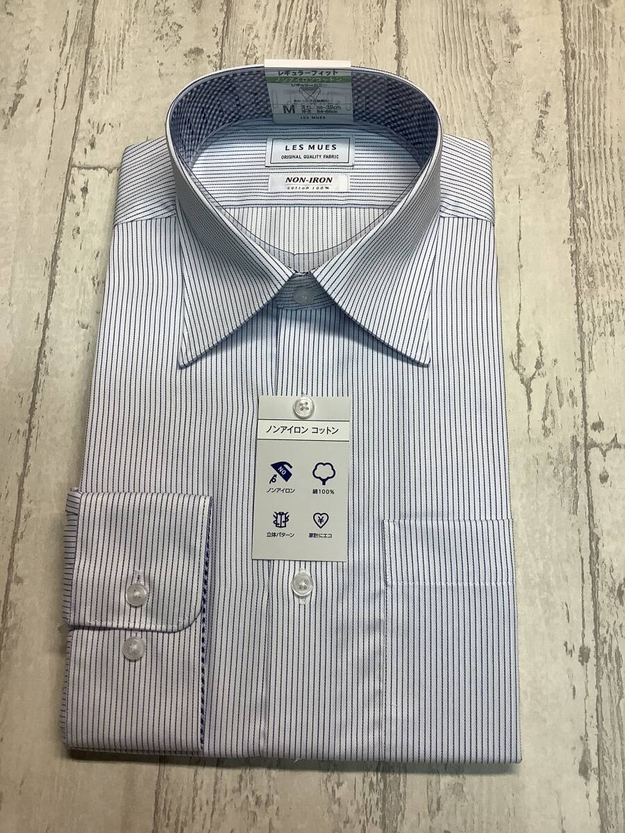 新品未使用 カッターシャツ 39-86 長袖Mサイズ ★レギュラーカラードレスシャツ ノンアイロン綿100%☆ ブルーストライプ柄拍卖