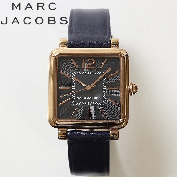 【FA614】◆MARC JACOBS マークジェイコブス MJ1523 クォーツ レザーバンド 黒文字盤 スクエア レディース 腕時計 ゴールド×ネイビー拍卖