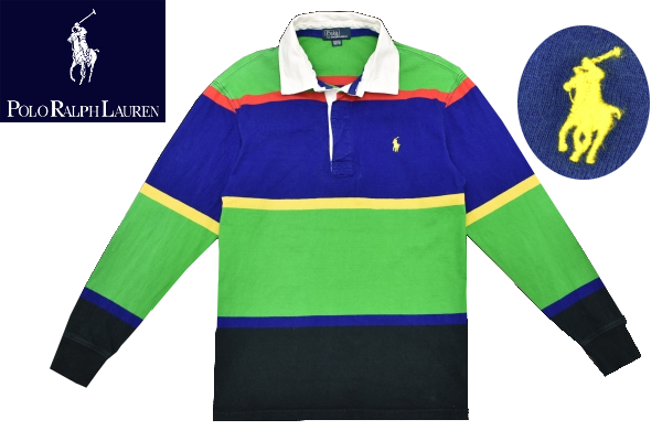 Y-9421★Polo by Ralph Lauren ポロ ラルフローレン★正規品 マルチボーダー ポニーロゴ刺繍 長袖 ラガー シャツ ジャージ M 10-12 150cm拍卖