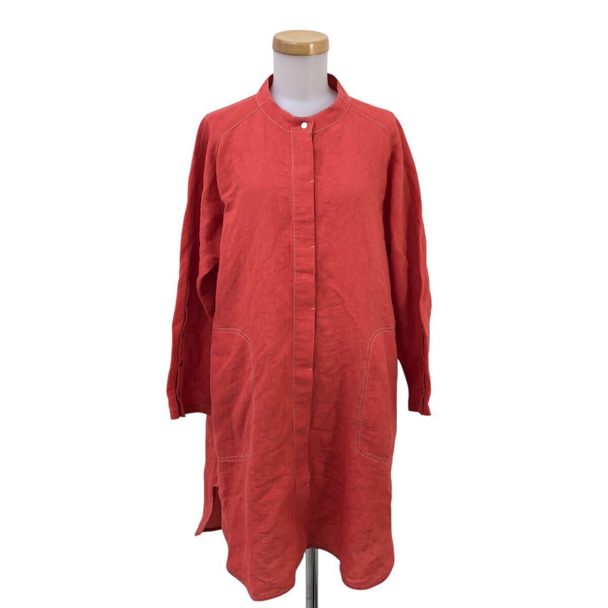 Nm315-3 TRUNK HIROKO KOSHINO トランク ヒロココシノ リネン 麻 コットン 長袖 シャツ ワンピース ロングシャツ トップス オレンジ系 38拍卖