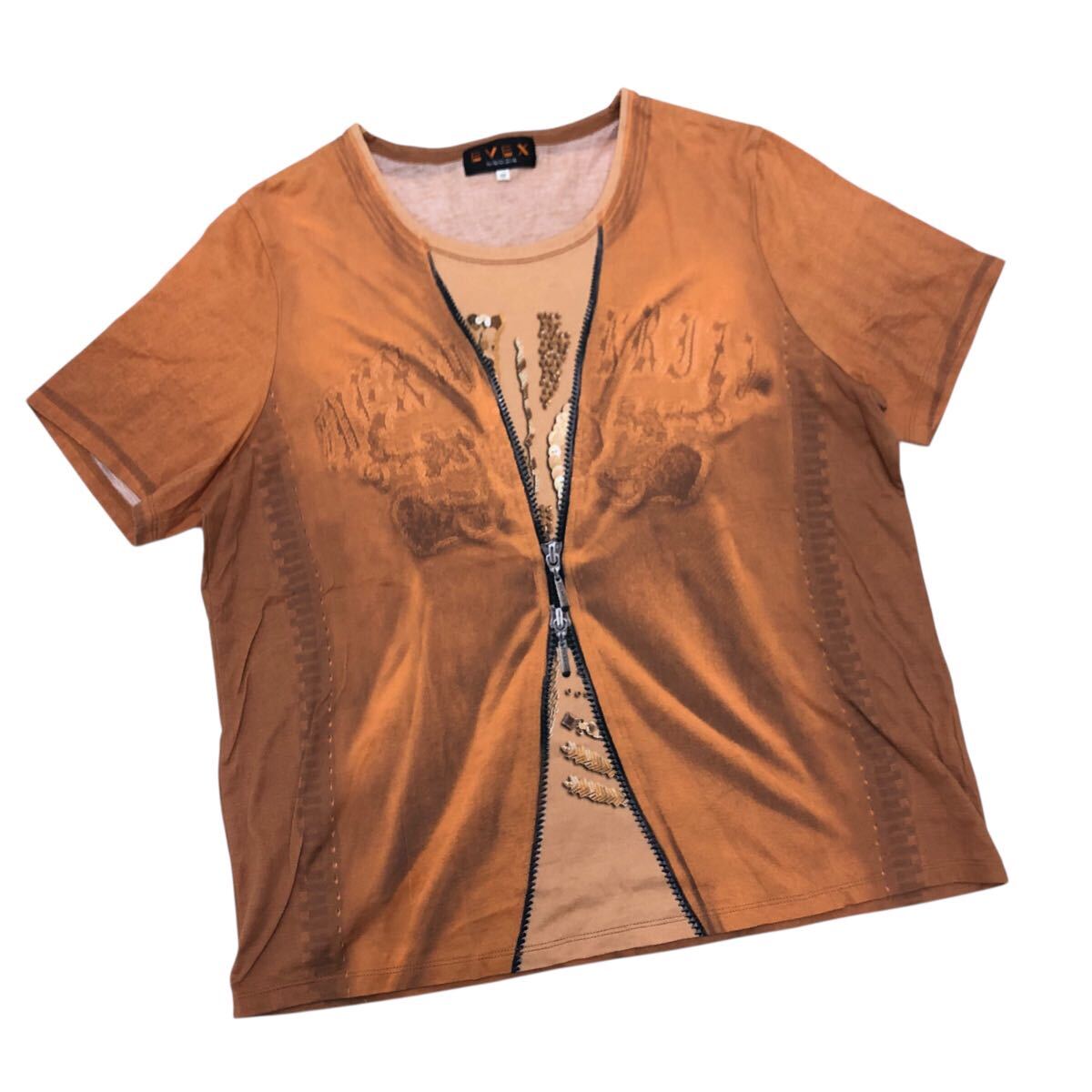 Nm315-18 大きいサイズ EVEX by KRIZIA エヴェックス バイ クリツィア 半袖 騙し絵 プリント Tシャツ カットソー トップス オレンジ系 48拍卖