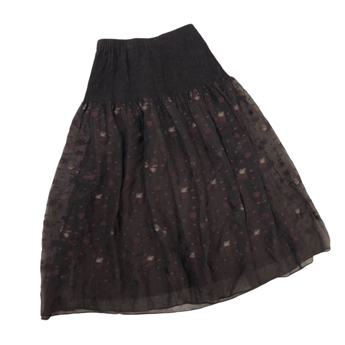 Nm316-9 HIROKO BIS ヒロコビス 総柄 シアー フレスカート スカート ウエストゴム 透け感 ボトムス ブラウン 茶 レディース 9拍卖