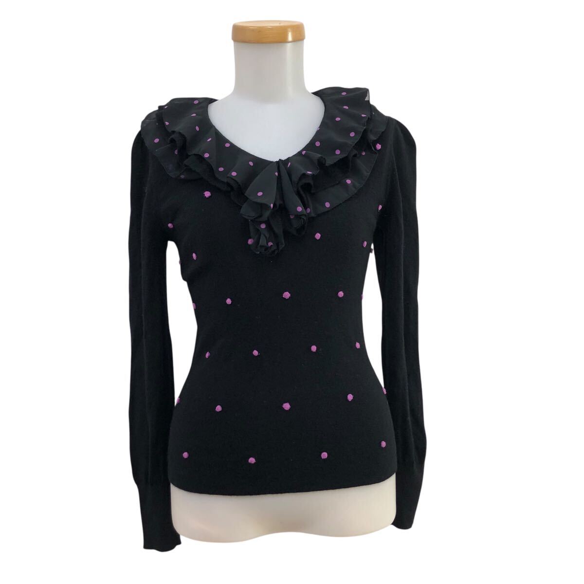 8nc318-70 TO BE CHIC トゥービーシック フリル ドット 水玉 柄 ウール ニット セーター プルオーバー トップス レディース 2 ブラック 黒拍卖