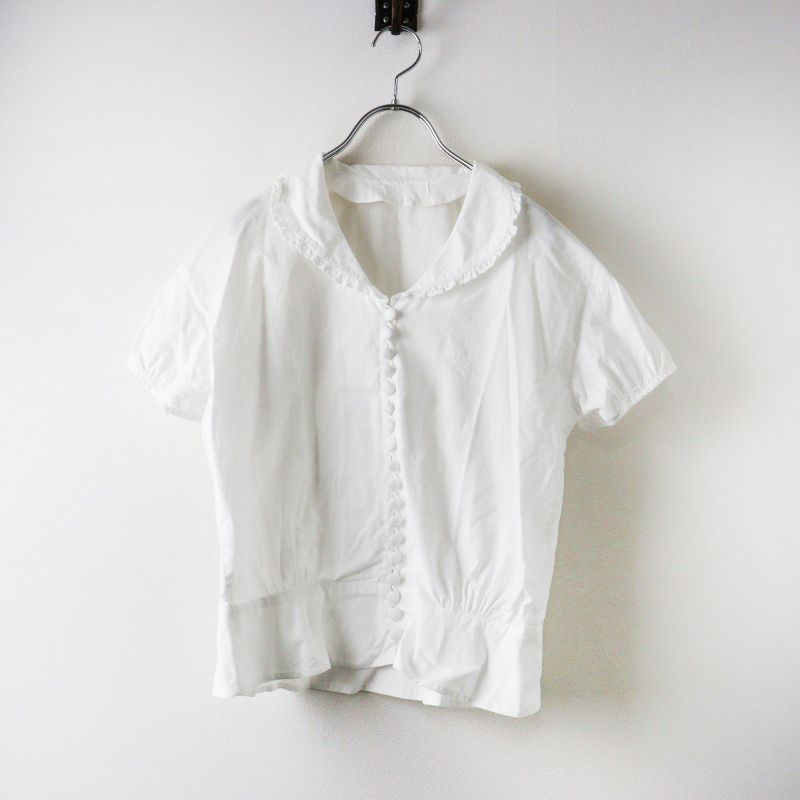 ピンクハウス PINK HOUSE ロゴ刺繍入 ピコフリル襟 包釦 半袖ブラウス ホワイト/白 シャツ トップス【2400014550474】拍卖