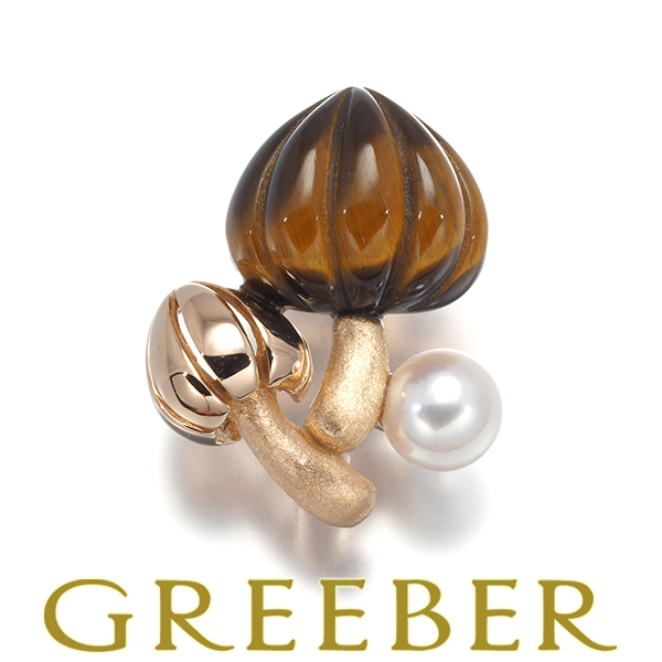 ミキモト ブローチ兼ペンダントトップ タイガーアイ パール 真珠 5.2mm キノコ ピン K18PG BLJ拍卖