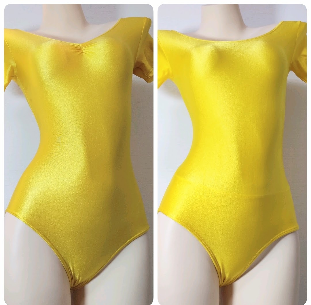 34【2枚セット】レオタード(M)★超光沢ビビッドイエロー黄色 胸元シャーリング★伸縮性あり男性も拍卖