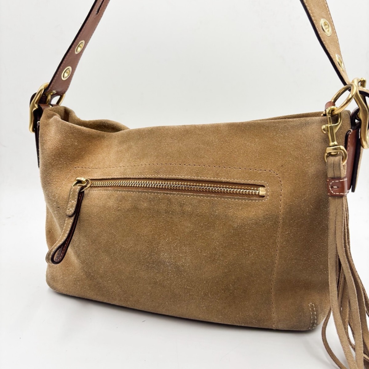 1円 【激レア】コーチ COACH ショルダーバッグ ワンショルダー スエード ベージュ フリンジ タッセル拍卖