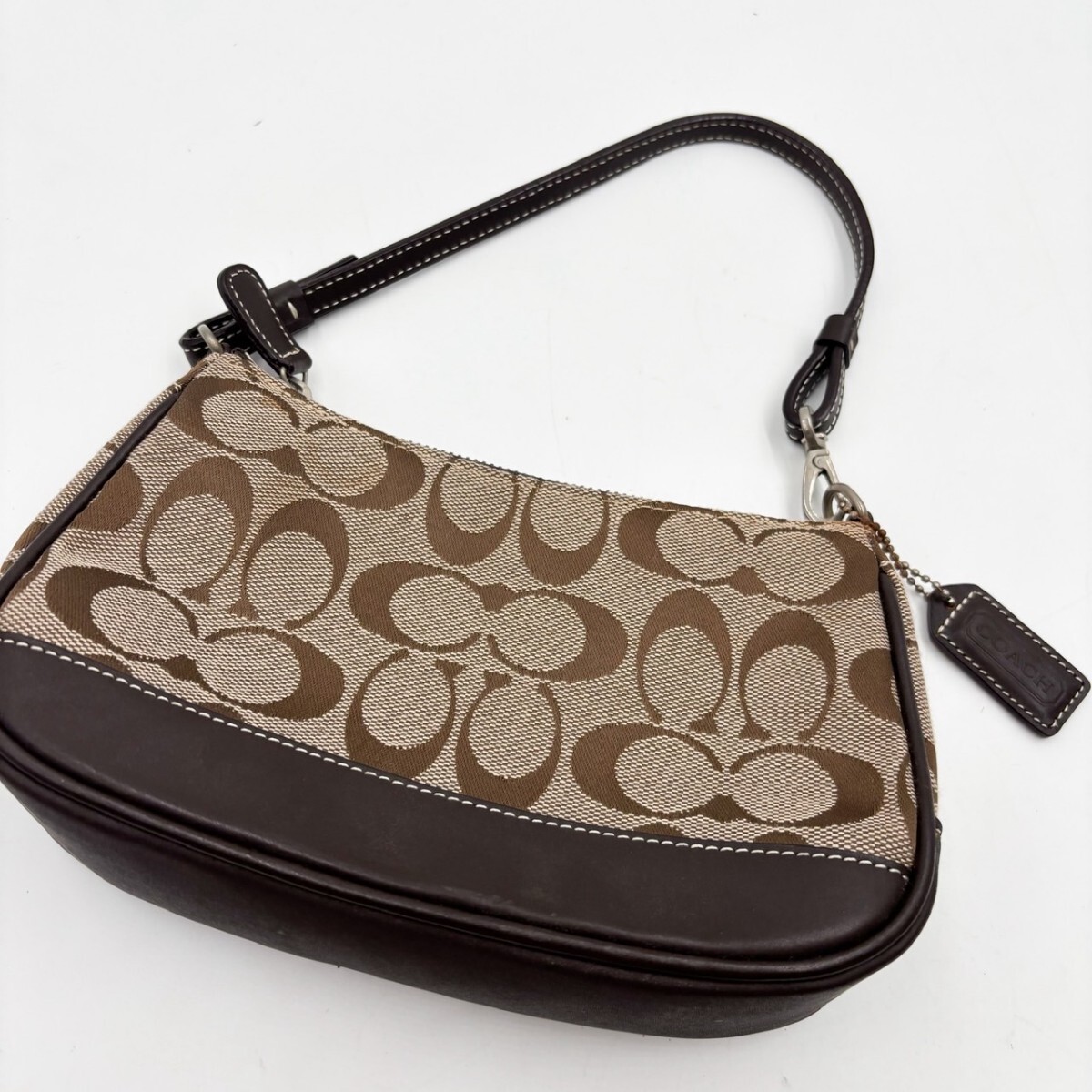 1円 コーチ COACH ハンドバッグ ポーチ キャンバス シグネチャー レザー 革 ダークブラウン 茶色 ベージュ拍卖
