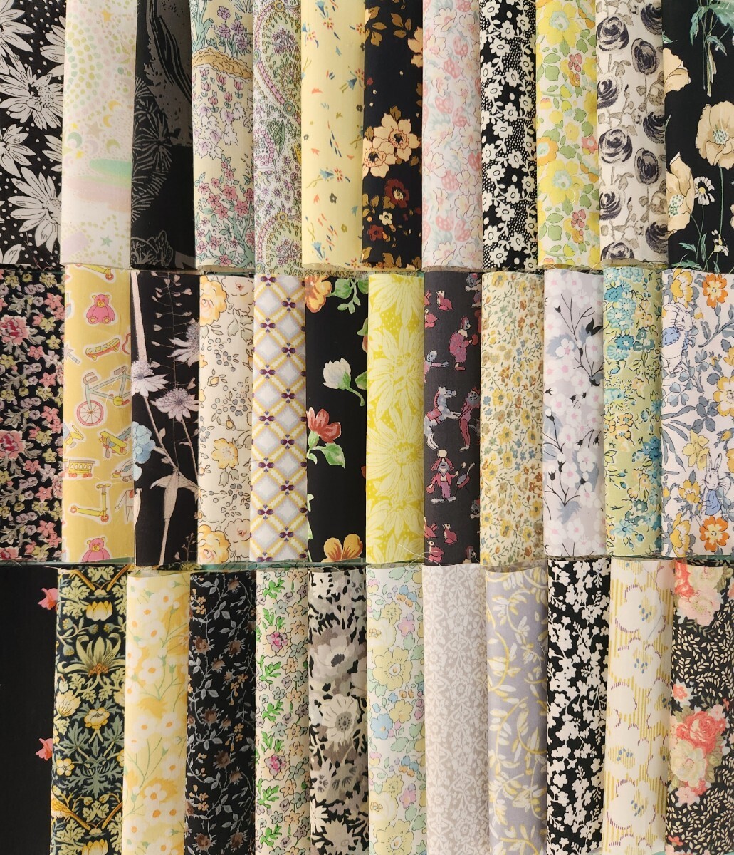 BY819☆イエロー・ブラック☆ リバティ☆12×12cm☆ 36枚セット☆廃盤生地多数 チェック&ストライプ ホビーラホビーレ拍卖