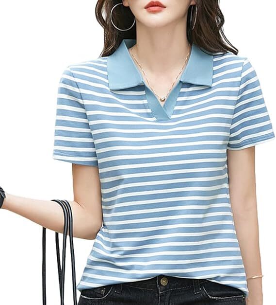 ポロシャツ レディース 半袖 夏 ボーダー 綿 L拍卖
