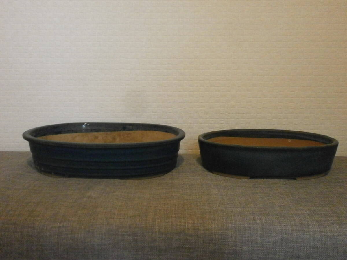 青釉 盆栽鉢 2鉢まとめて 楕円 小判型 古いものです 青 釉 Bonsai pot Old拍卖