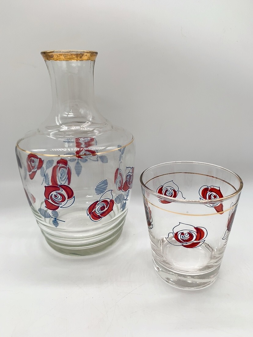 中古 アデリア 冠水瓶 水差し グラス 花柄 バラ 昭和 レトロ デカンタ デキャンタ ピッチャー ガラス コレクション ガラス 0803や1 A1 60拍卖