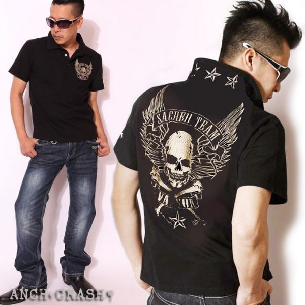 当店別注 バンソン VANSON 刺繍 半袖 ポロシャツ ブラックA(ライトチャコール刺繍)【XXLサイズ】NVPS-303 アメカジ バイカー ドクロ スカル拍卖