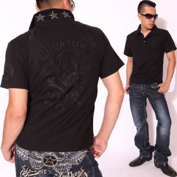 当店別注 バンソン VANSON 刺繍 半袖 ポロシャツ ブラックB(ブラック刺繍)【XLサイズ】NVPS-303 アメカジ バイカー ドクロ スカル拍卖