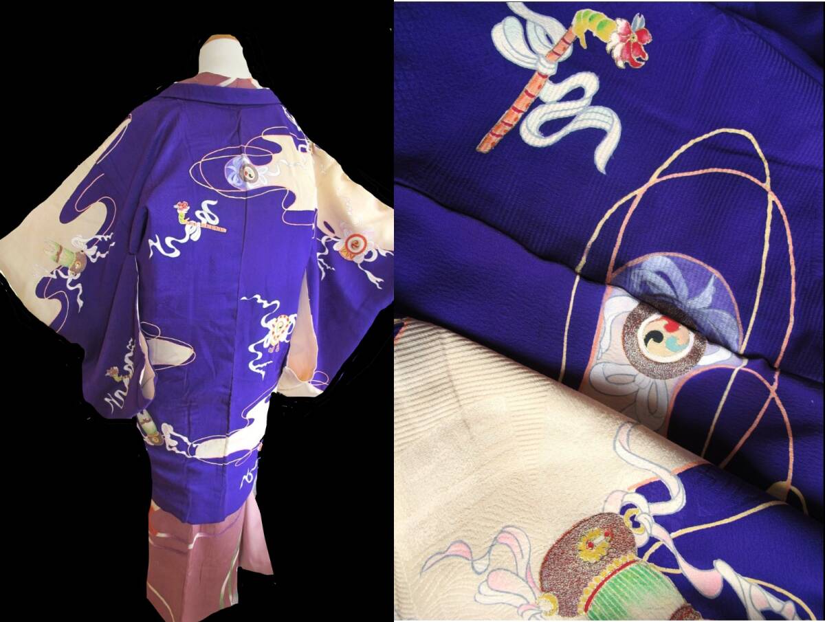 優雅 霞に雅楽器 アンティーク紋錦紗長羽織 刺繍 金彩拍卖