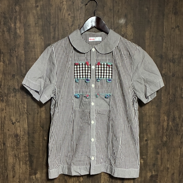 C2◇Ne-net | ネ・ネット ギンガムチェック刺繍半袖シャツ ブラウン×ホワイト レディース サイズ2 中古品拍卖