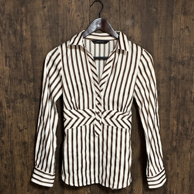 C16◇ZARA BASIC | ザラ ベーシック ストライプ シャツ ブラウス ホワイト×ブラウン レディース S(USA)サイズ 中古品拍卖