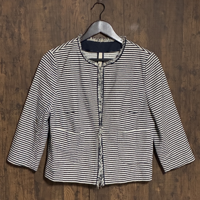 C17◇UNTITLED | アンタイトル ノーカラージャケット ボーダー ネイビー×ホワイト レディース 42サイズ 中古品拍卖