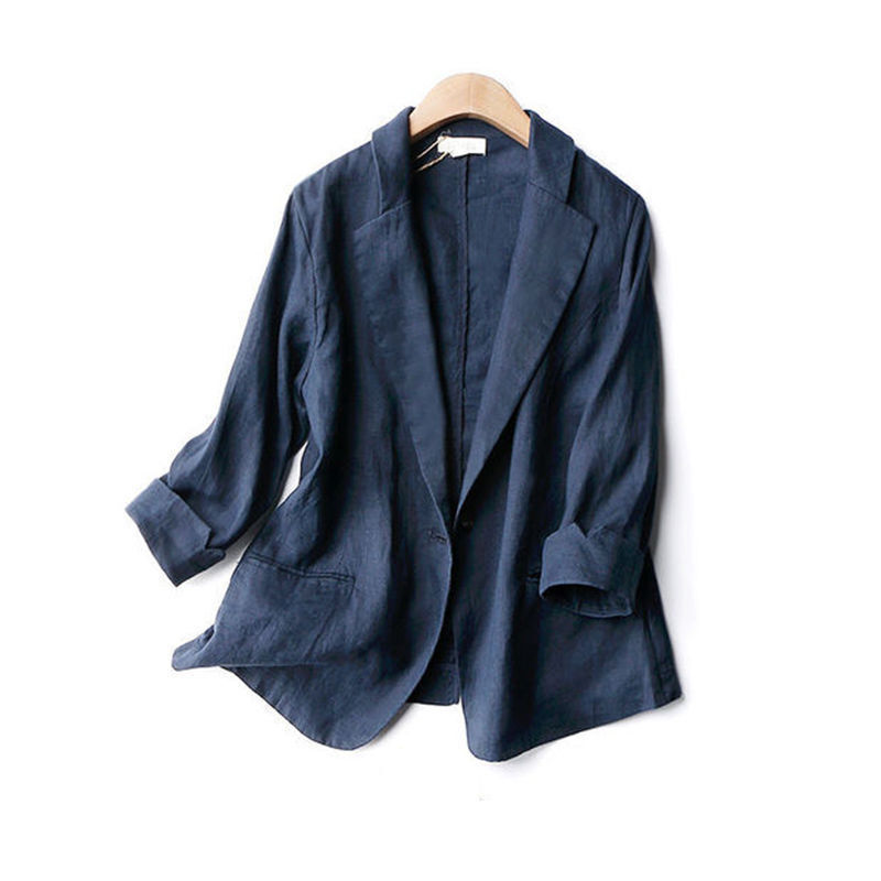 新作夏 リネンジャケット レディース 綿麻ジャケット OL 通勤 サマージャケット 7分袖 カジュアルジャケット ブルー L拍卖