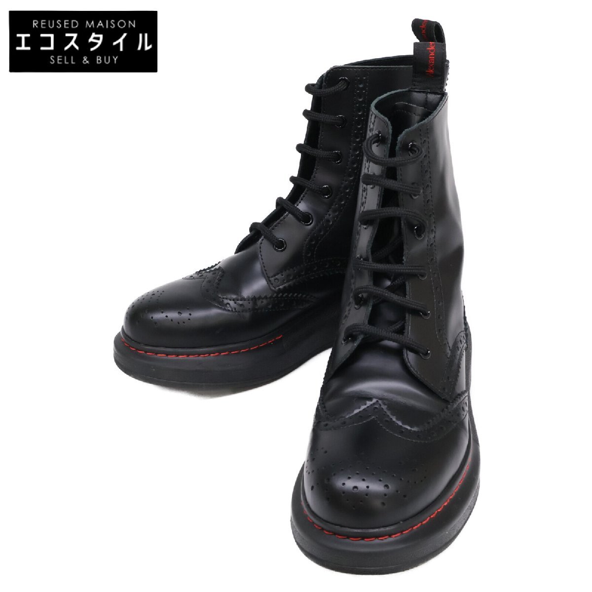 美品 Alexander McQueen アレキサンダーマックイーン 586402 レザー メダリオン レースアップ ブーツ シューズ 38E ブラック拍卖