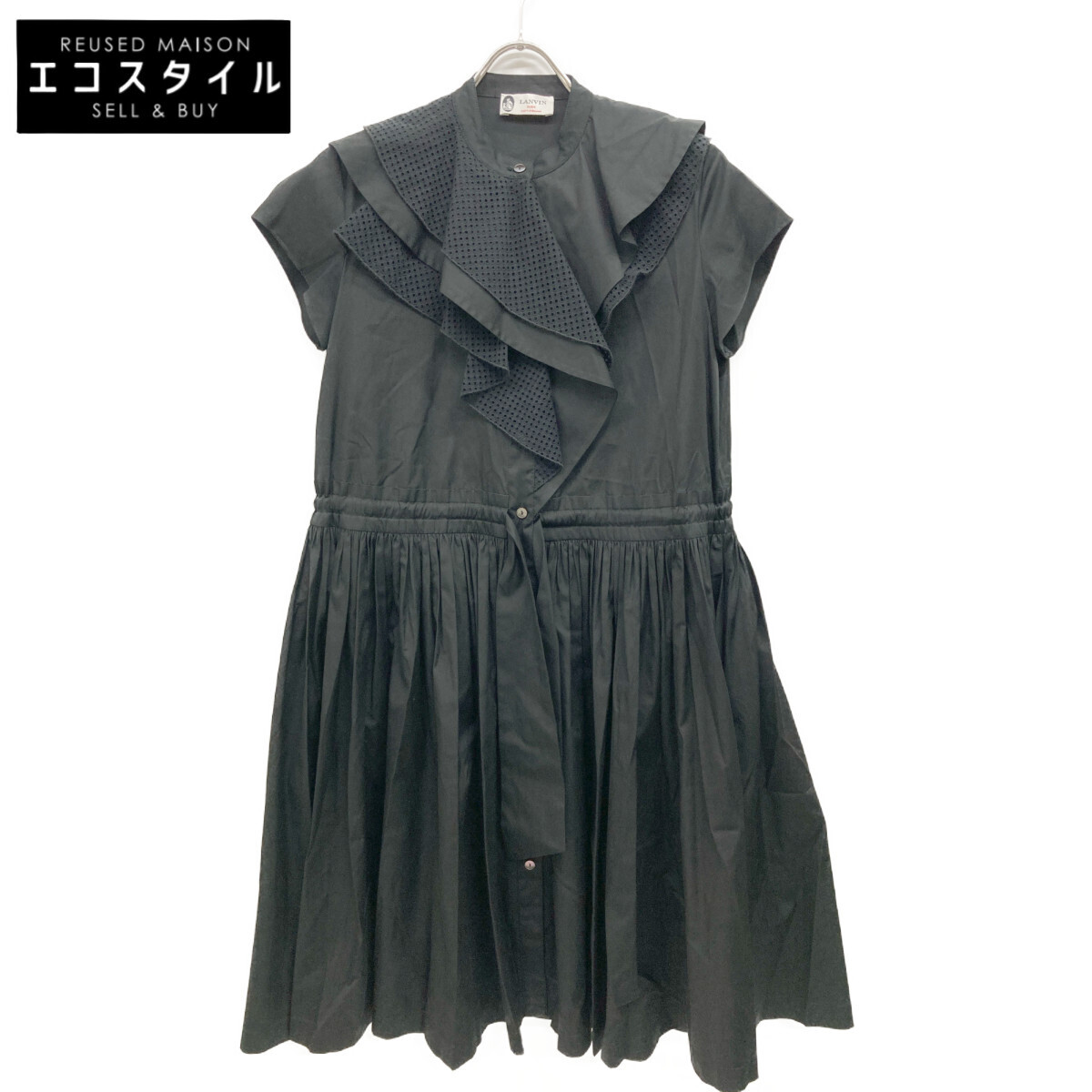 LANVIN ランバン ブラック ポプリン ラッフル ミディドレス ノースリーブワンピース ブラック 34 ワンピース コットン レディース 中古拍卖