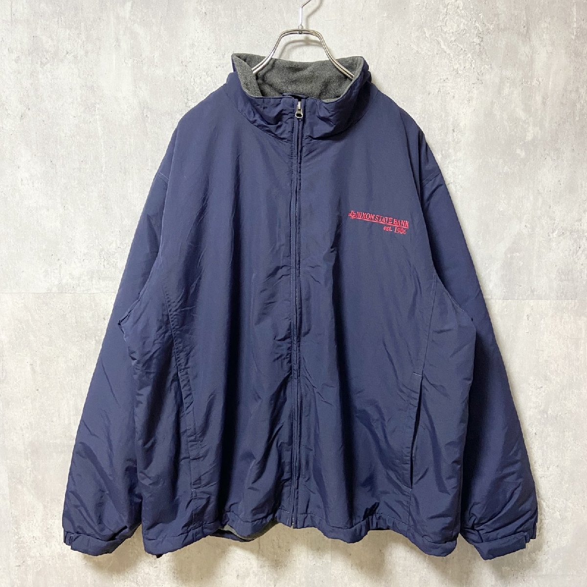 古着 used LANDS'END ランズエンド 長袖ナイロンジャケット ブルゾン 企業ロゴ刺繍 ネイビー 裏フリース XLサイズ拍卖