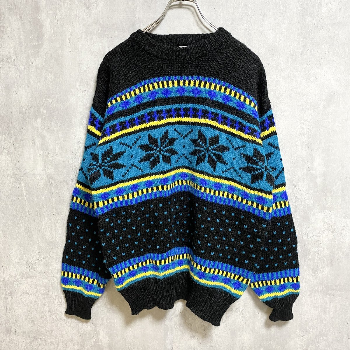 古着 used BAY AREA 長袖クルーネックニット セーター ノルディック柄 総柄 黒 レトロデザイン 秋冬服 Mサイズ拍卖