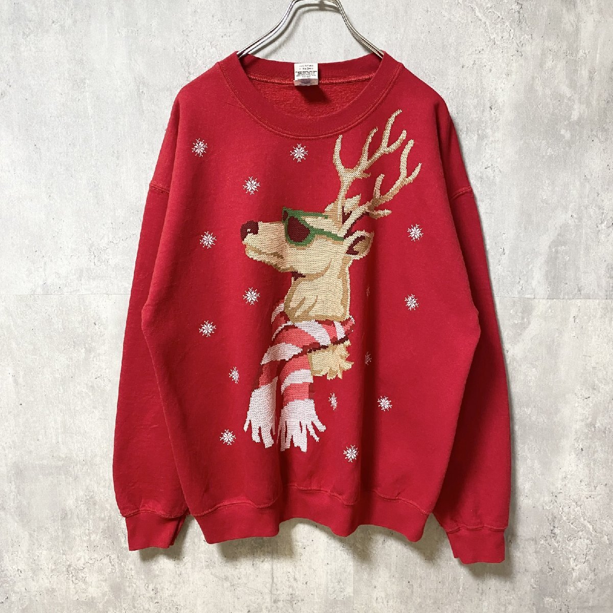 古着 used GILDAN ギルダン 長袖プリントスウェット トレーナー ストーン 赤 レッド トナカイ クリスマス Lサイズ拍卖