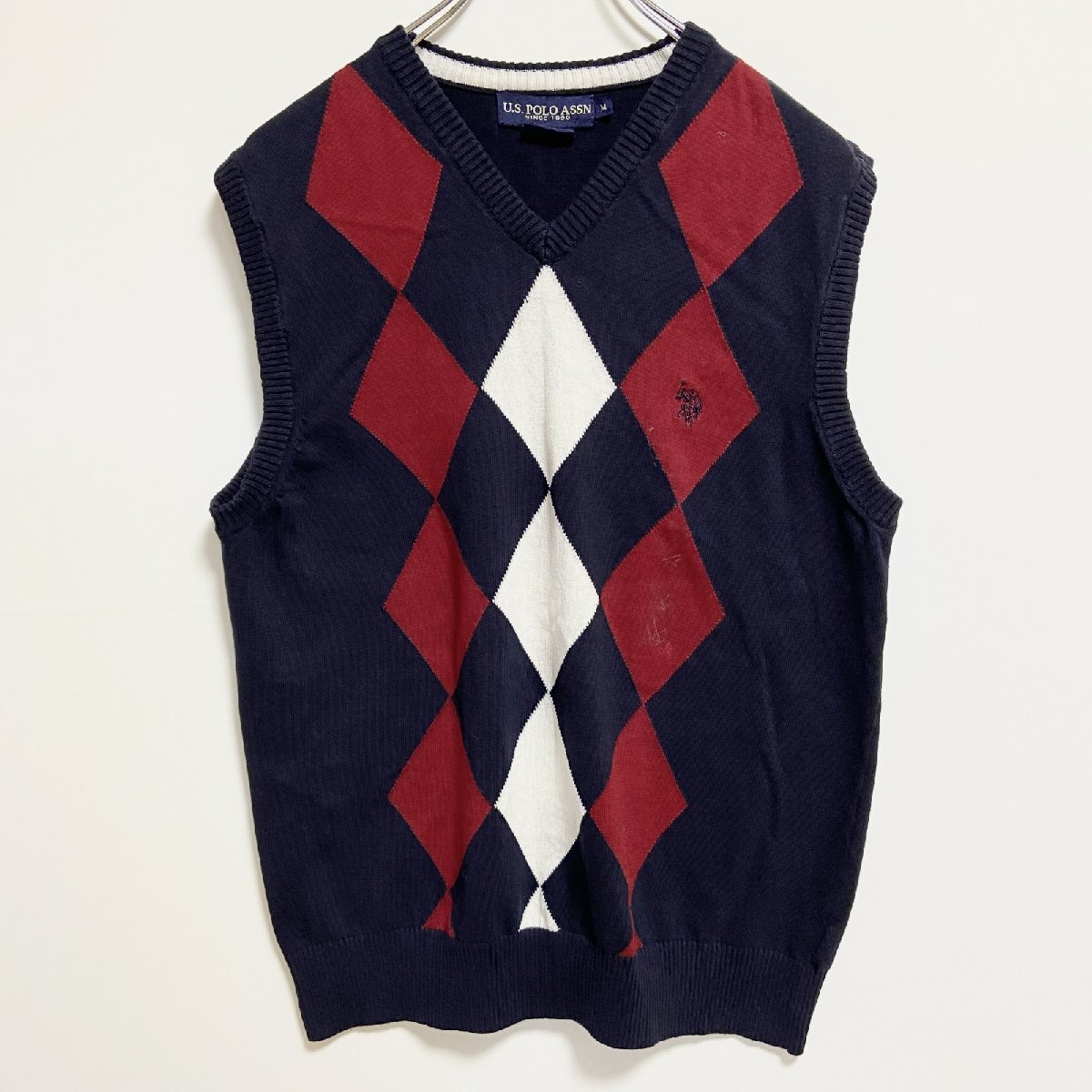 古着 used U.S.POLOASSN ユーエスポロアッスン ポイント刺〓ニットベスト ダイヤ柄 Vネック ネイビー Mサイズ拍卖