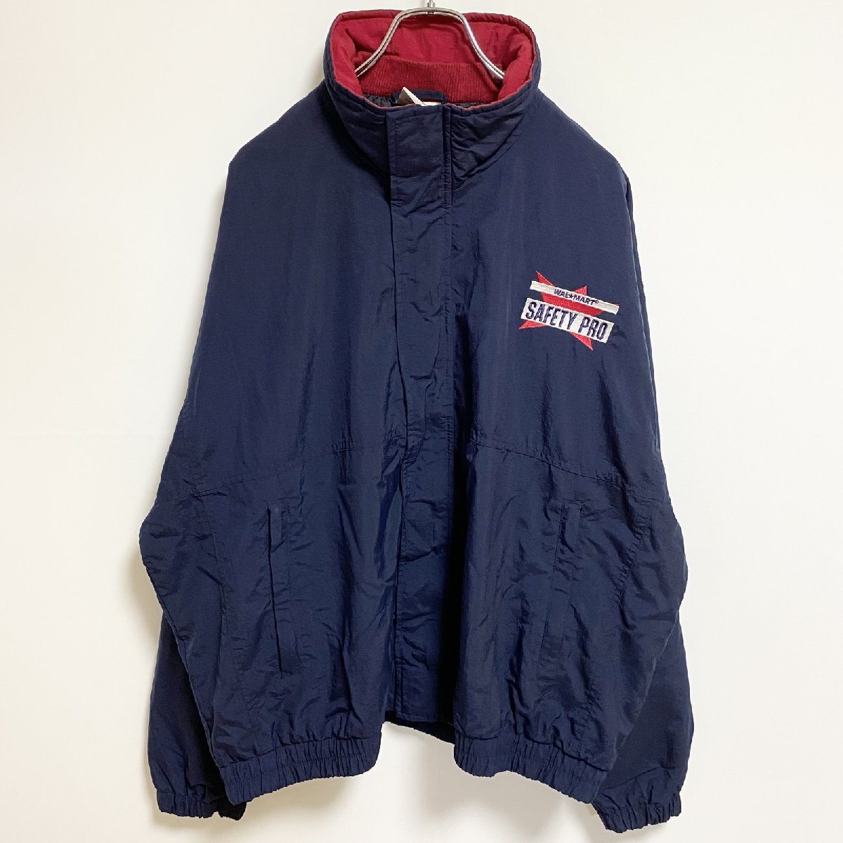 古着 used FAHRENHEIT 長袖ハイネックナイロンジャケット ワンポイント刺繍 ネイビー ビックシルエット XXLサイズ拍卖