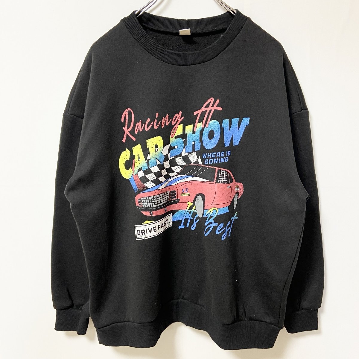 古着 used ROMWE ロムウェ 長袖カープリントスウェット トレーナー アメカジ 黒 ブラック クルーネック Mサイズ拍卖