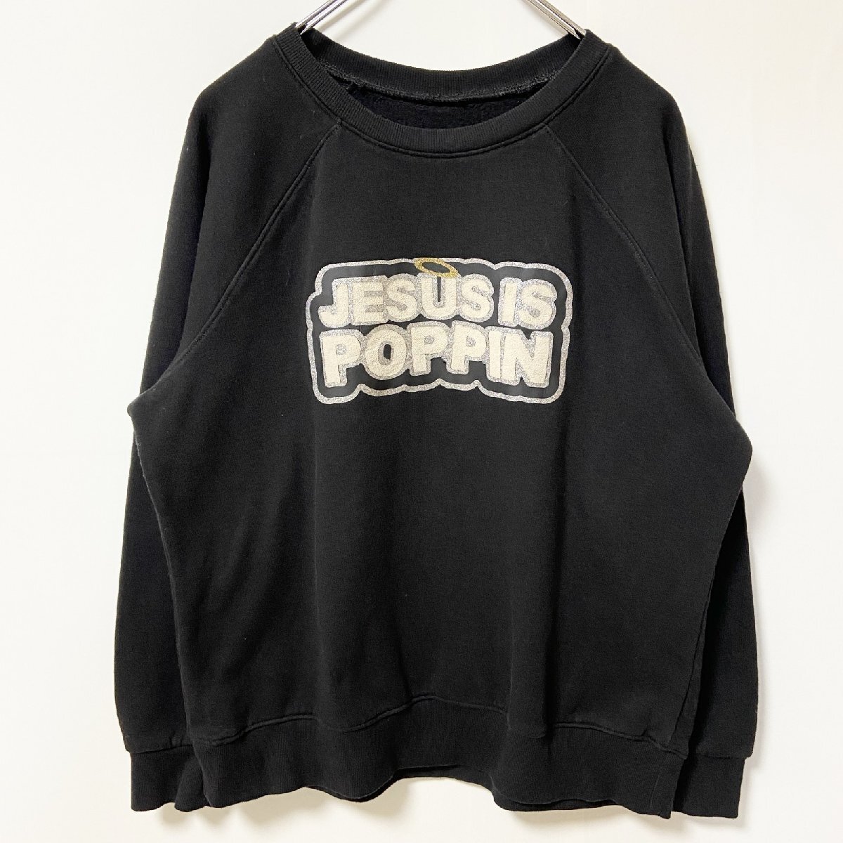 古着 used JESUS IS POPPIN 長袖プリントスウェット トレーナー 黒 ブラック ラグランスリーブ Lサイズ拍卖