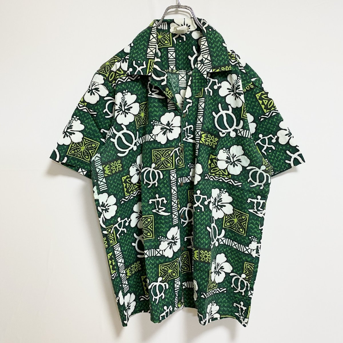 古着 used LIQUIDBLUE リキッドブルー 半袖開襟アロハシャツ 花柄 緑 グリーン ビッグシルエット XLサイズ拍卖