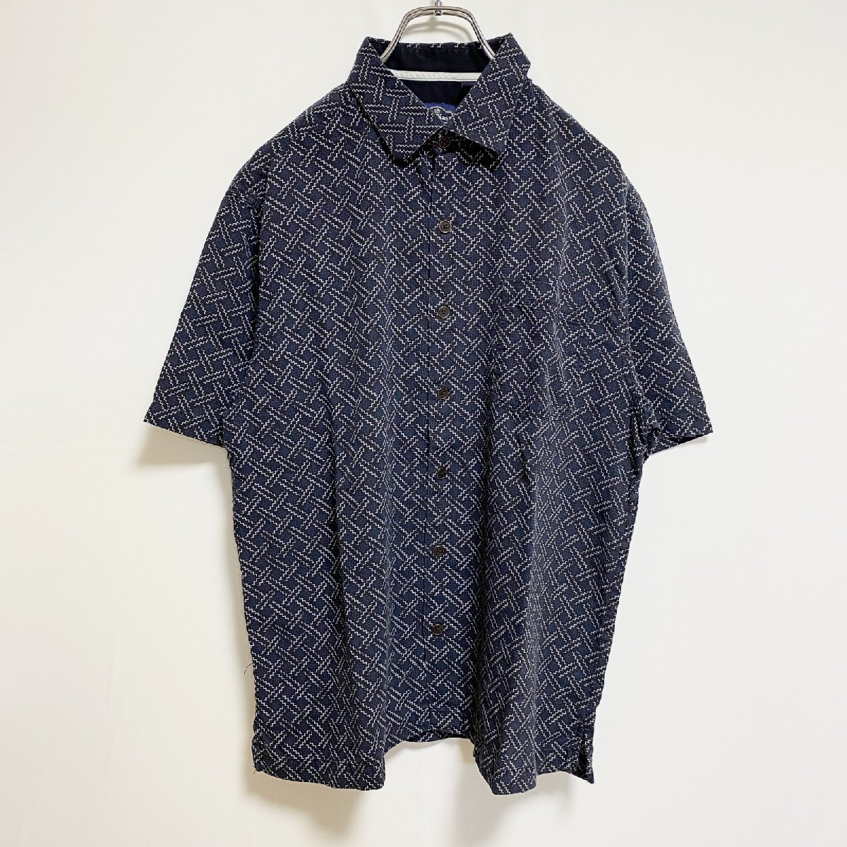 古着 used NatNast ナットナスト 半袖総柄シャツ シルクシャツ ネイビー レトロデザイン ノームコア Mサイズ拍卖