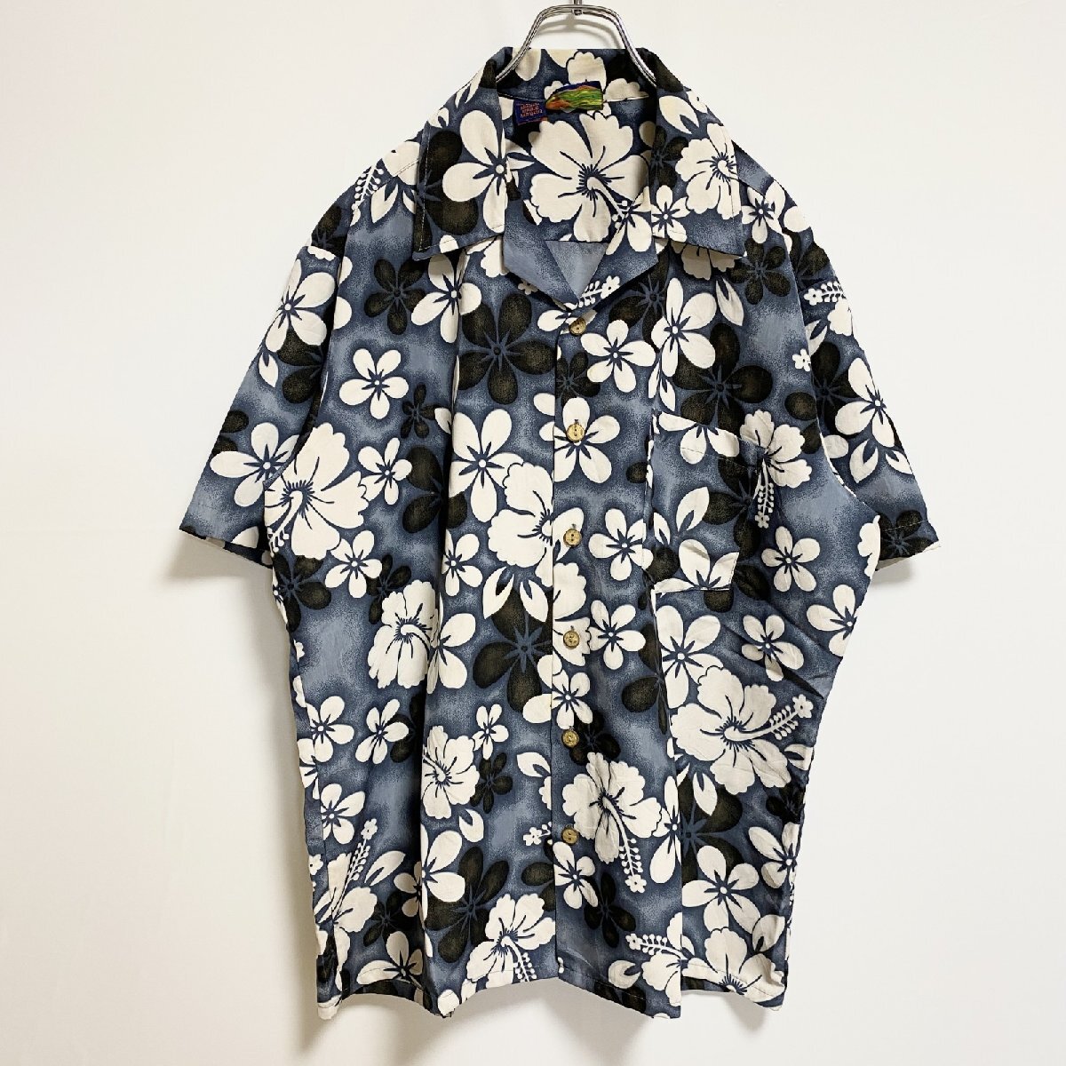 古着 used RoundyBay 半袖開襟アロハシャツ オープンカラーシャツ 花柄 総柄 ネイビー レトロデザイン Lサイズ拍卖