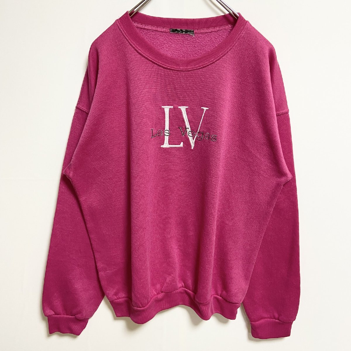 古着 used Las Vegas ラスベガス 長袖刺繍スウェット トレーナー ピンク クルーネック レトロデザイン拍卖