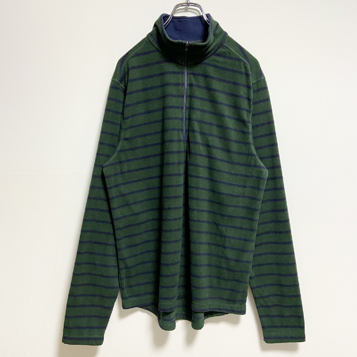 古着 used LANDSEND ランズエンド 長袖ボーダー柄フリースジャケット ハーフジップ 緑 グリーン Mサイズ拍卖