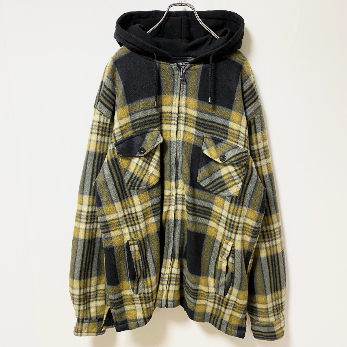 古着 used WALNUT CREEK 長袖チェック柄フリースジャケット フード付き裏ボアジャケット 黄色 2XLサイズ拍卖