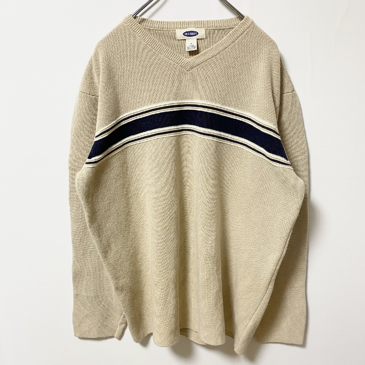 古着 used OLD NAVY オールドネイビー 長袖Vネックニット セーター ライン ベージュ オーバーサイズ XLサイズ拍卖
