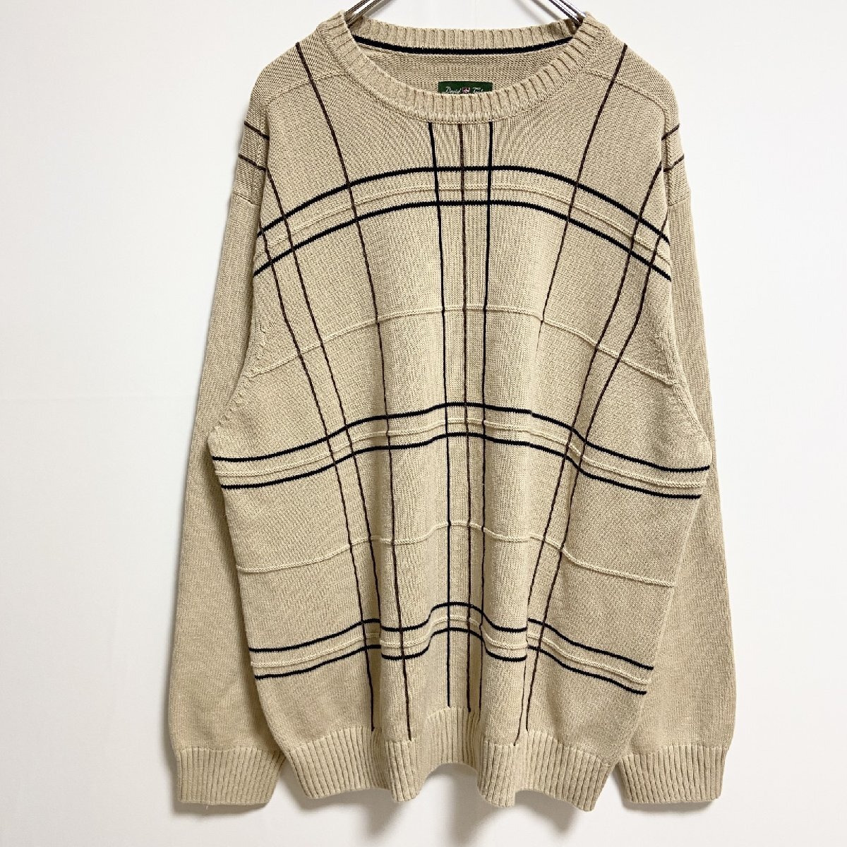 古着 used DavidTaylor 長袖チェック柄クルーネックニット セーター ベージュ 秋冬服 ビッグシルエット XLサイズ拍卖