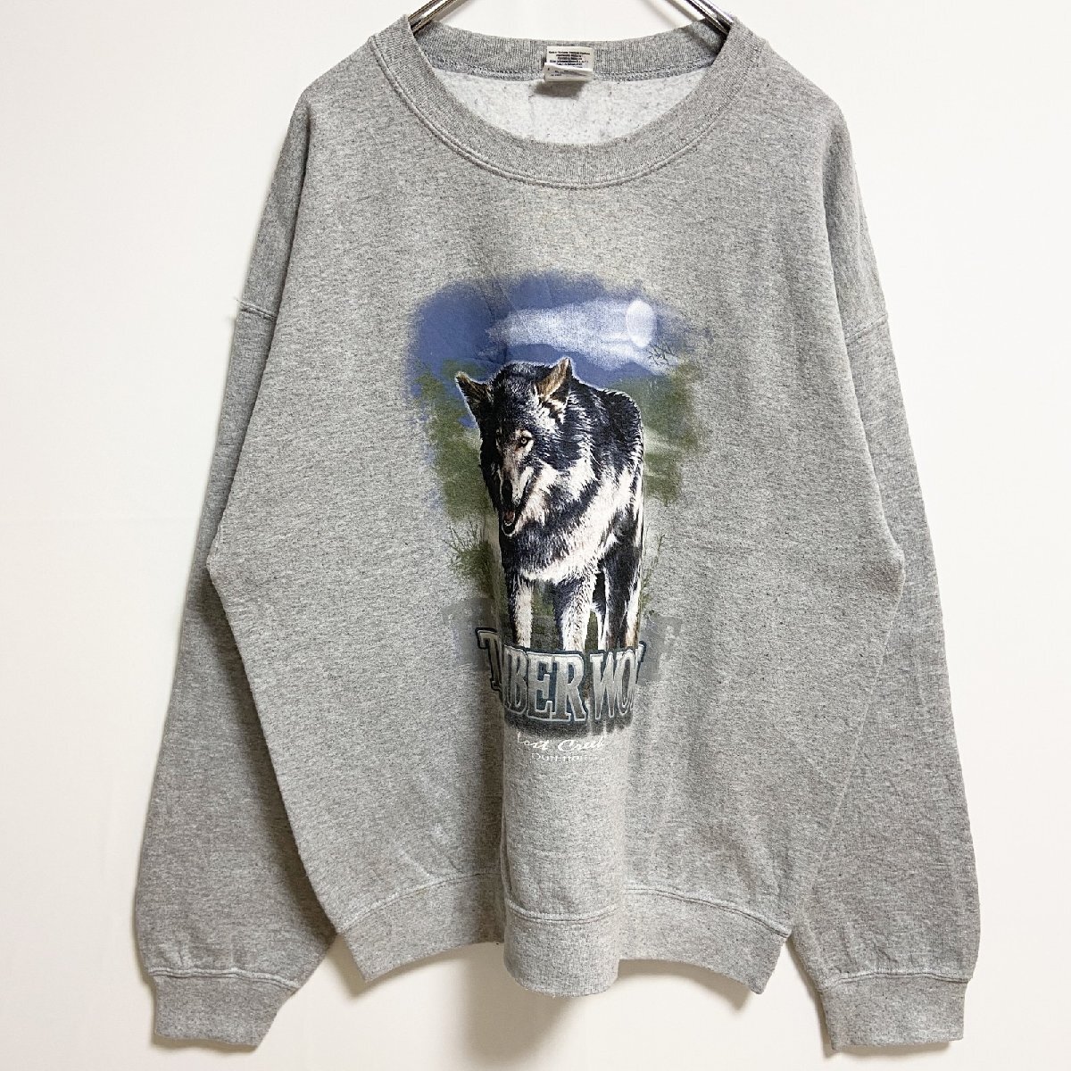古着 used GILDAN ギルダン 長袖アニマル柄プリントスウェット トレーナー 狼 WOLF グレー 秋冬服 Lサイズ拍卖
