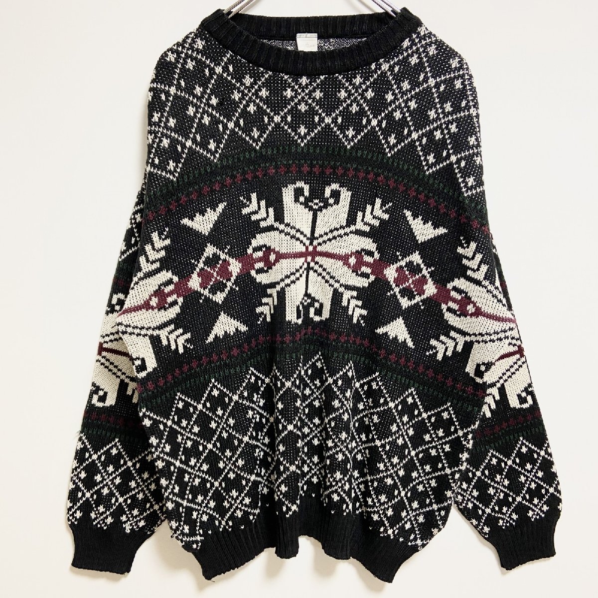 古着 used Littlewoods 長袖総柄クルーネック厚手ニット セーター 黒 ブラック ノルディック柄 レトロ Mサイズ拍卖